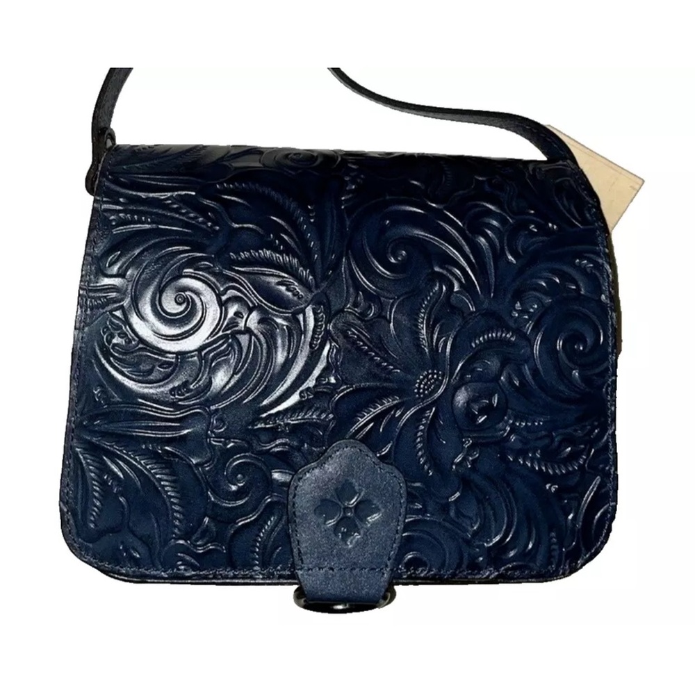 Blue Crossbody Bag with Embossed Floral Design and Flap Closure